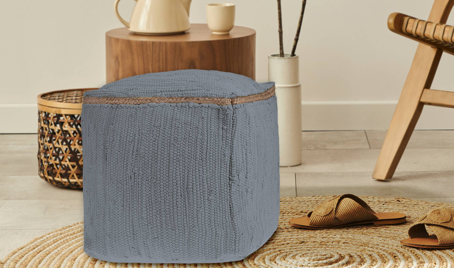 Hand-Loomed Organic Cotton Pouf with Jute Braid: Grasshopper