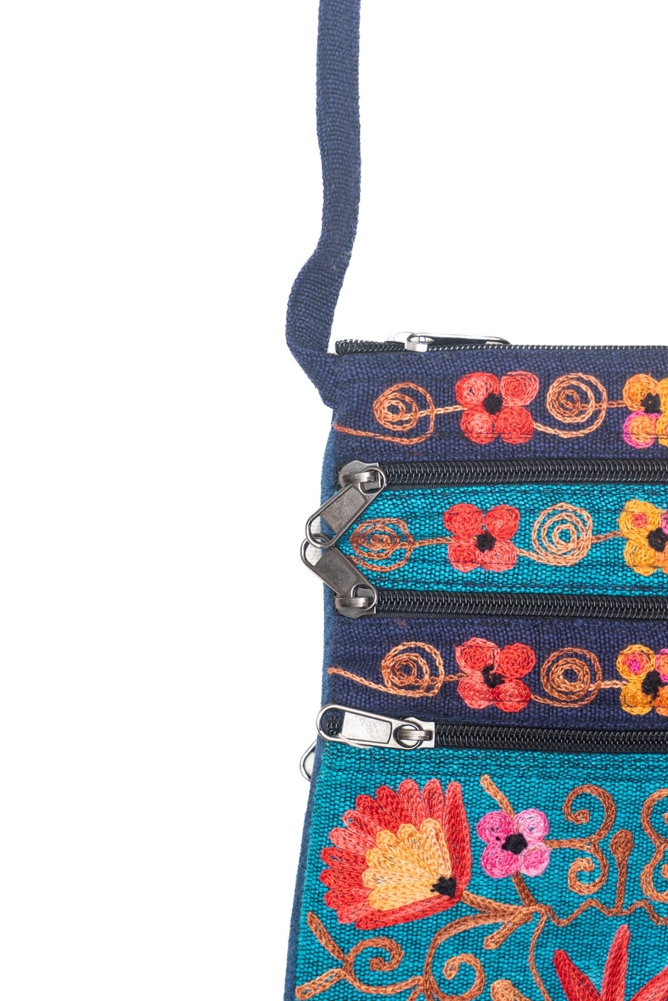 5 Zipper Cross Body Embroidery Cotton Bag: Dark Blue