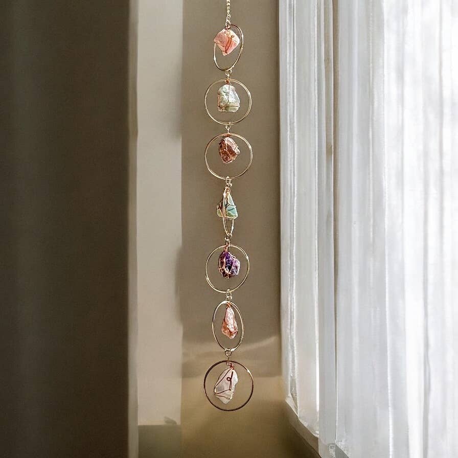 Rough Crystals in Gold Rings Wall Hanging, Wind Chime