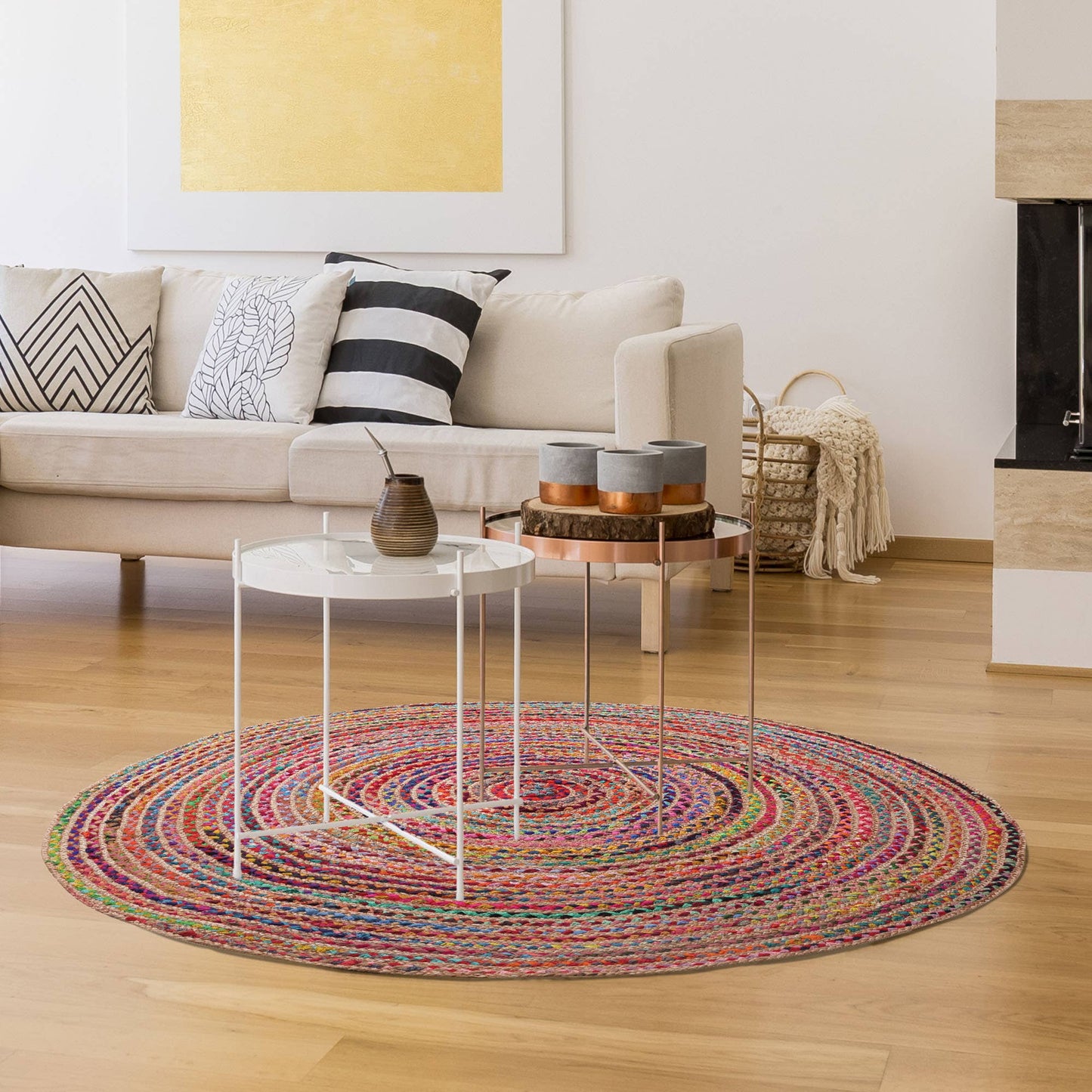 Haven Multicolor Bohemian Hand-Braided Cotton/Jute Area Rug: 5' Round