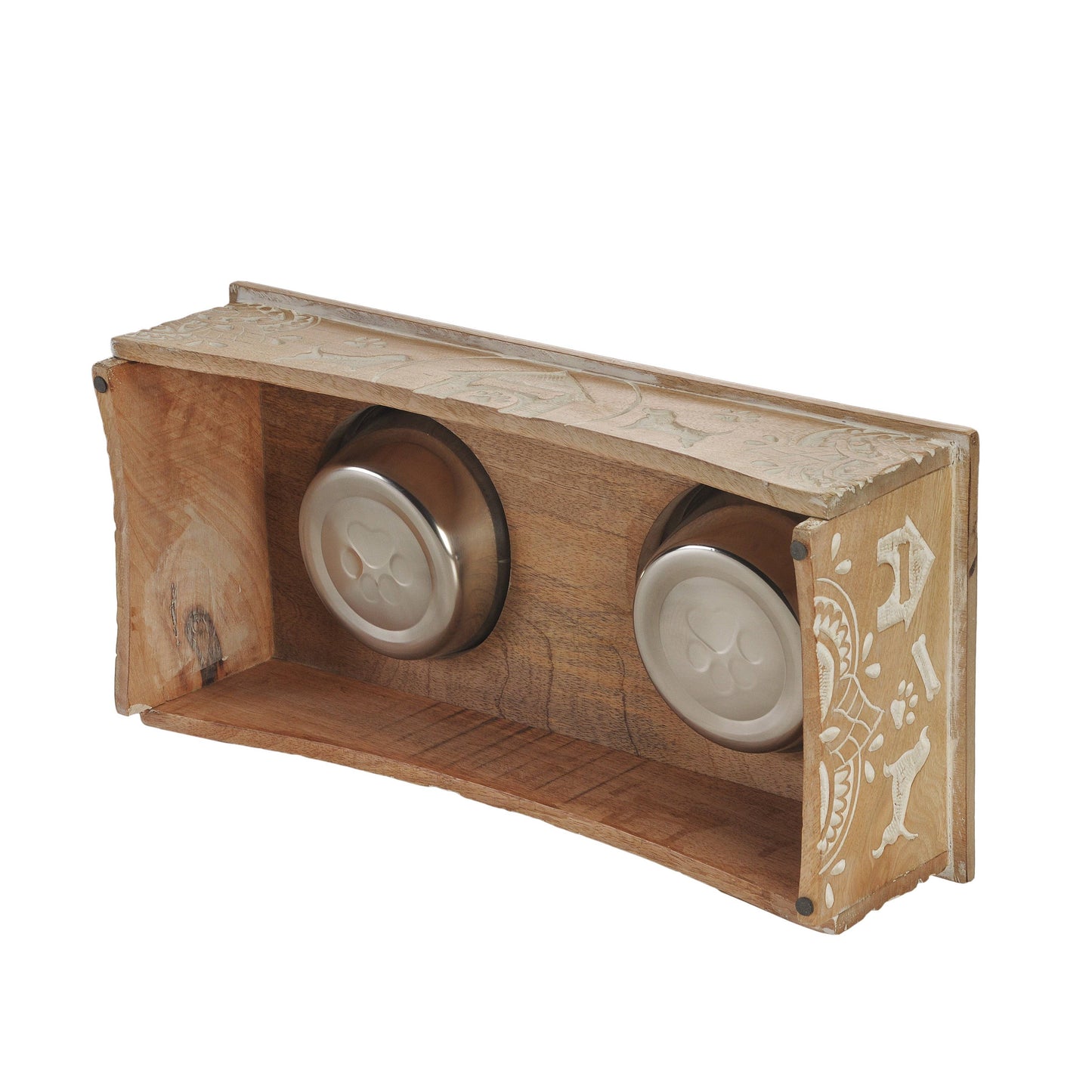 Handmade Mango Wood Elevated Double Pet Feeder: Brown/White