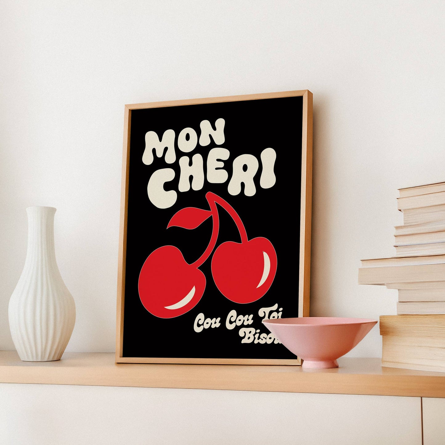 Mon Cheri Print | Bisou | Funky Cherry Kitchen Art: Green / 12 x 18