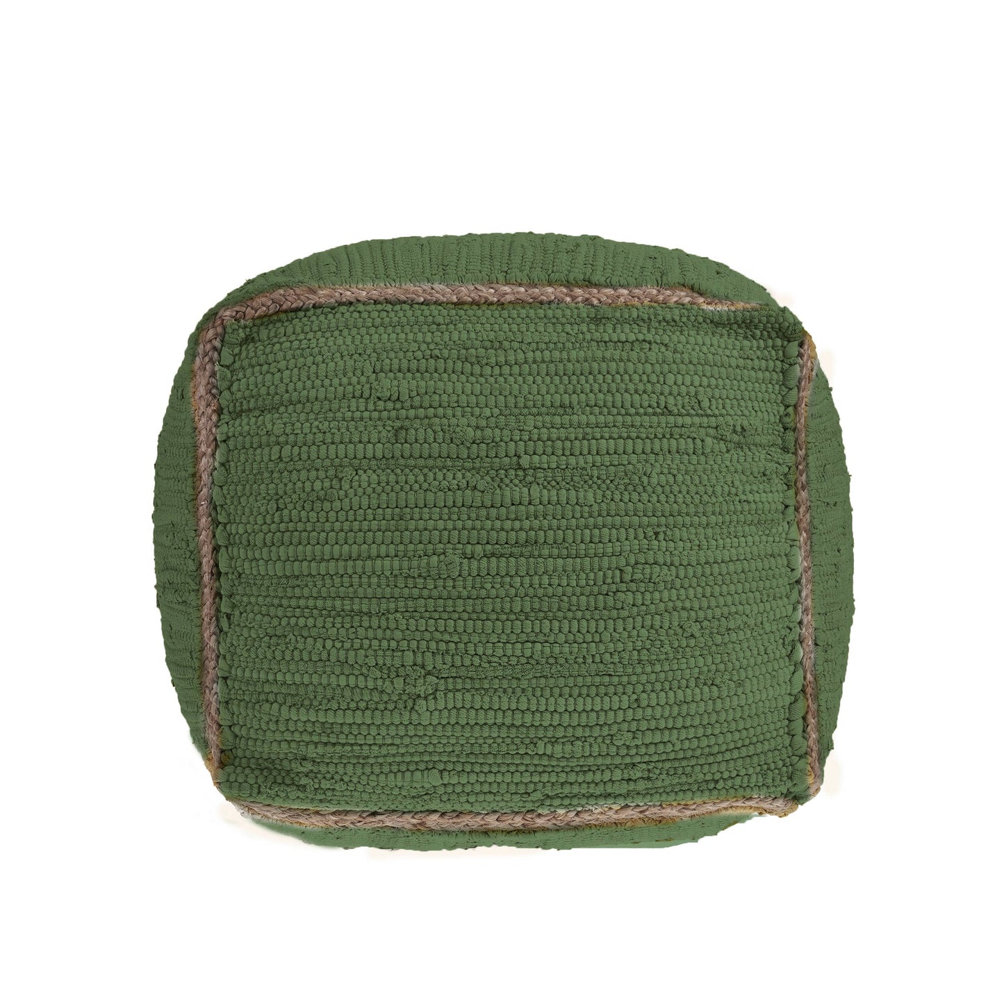 Hand-Loomed Organic Cotton Pouf with Jute Braid: Grasshopper