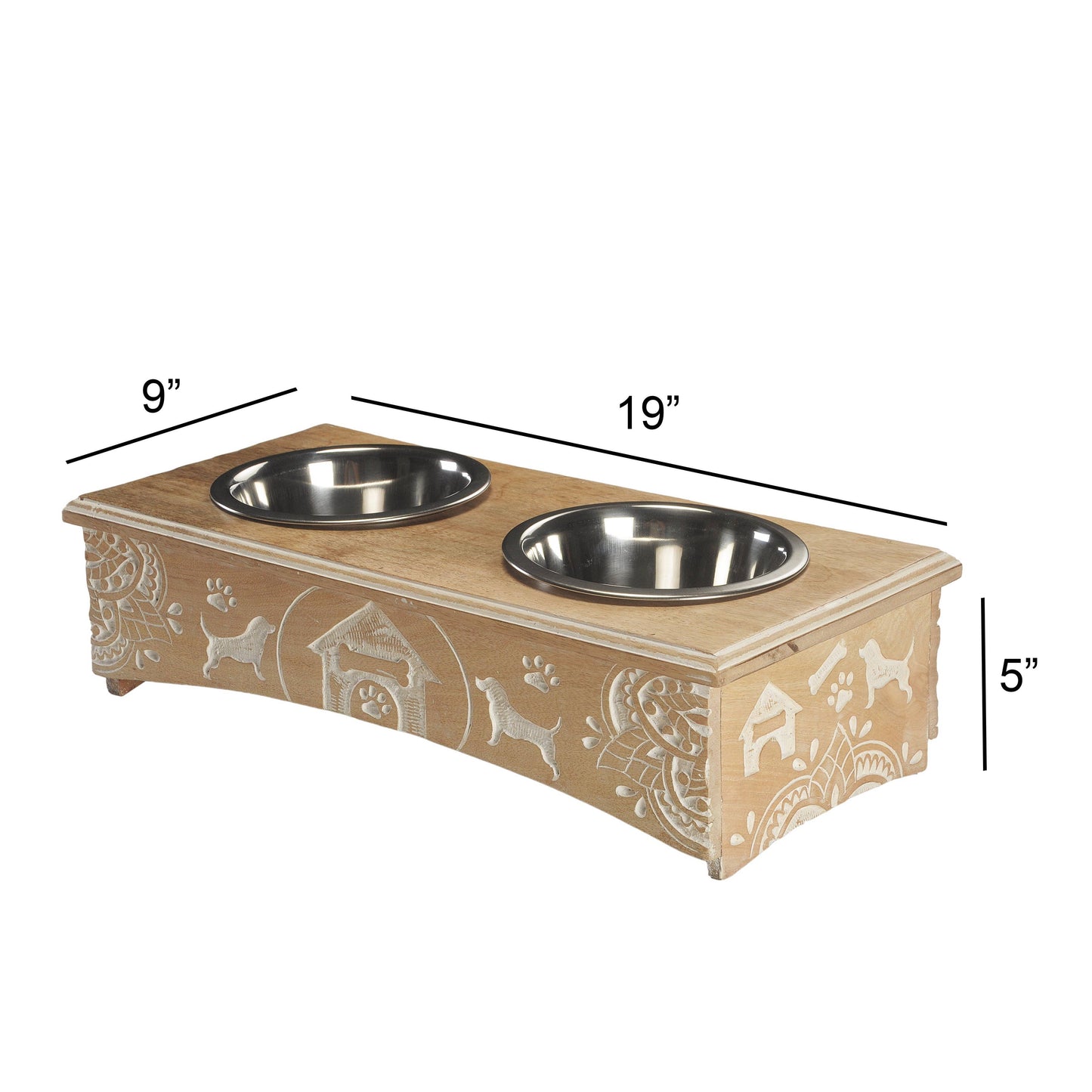 Handmade Mango Wood Elevated Double Pet Feeder: Brown/White