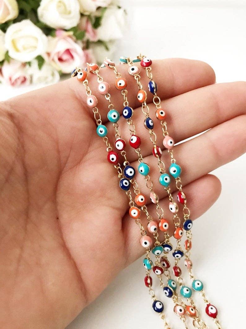 Evil Eye Chain Bracelet, Rainbow Evil Eye Bead Bracelet, Gol