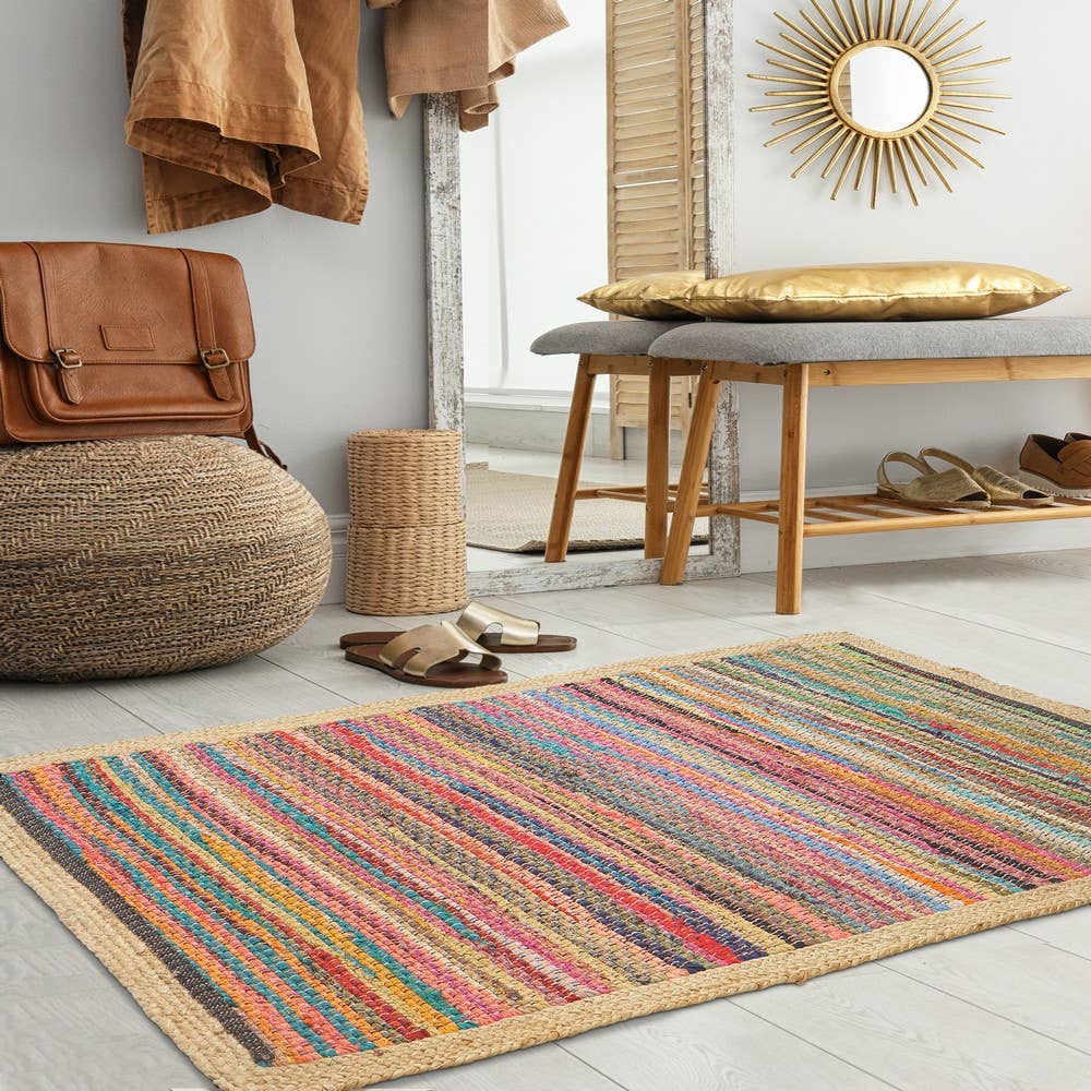 Multicolored Geometric Jute Bordered Accent Rug, 2' x 3': Multi/Tan