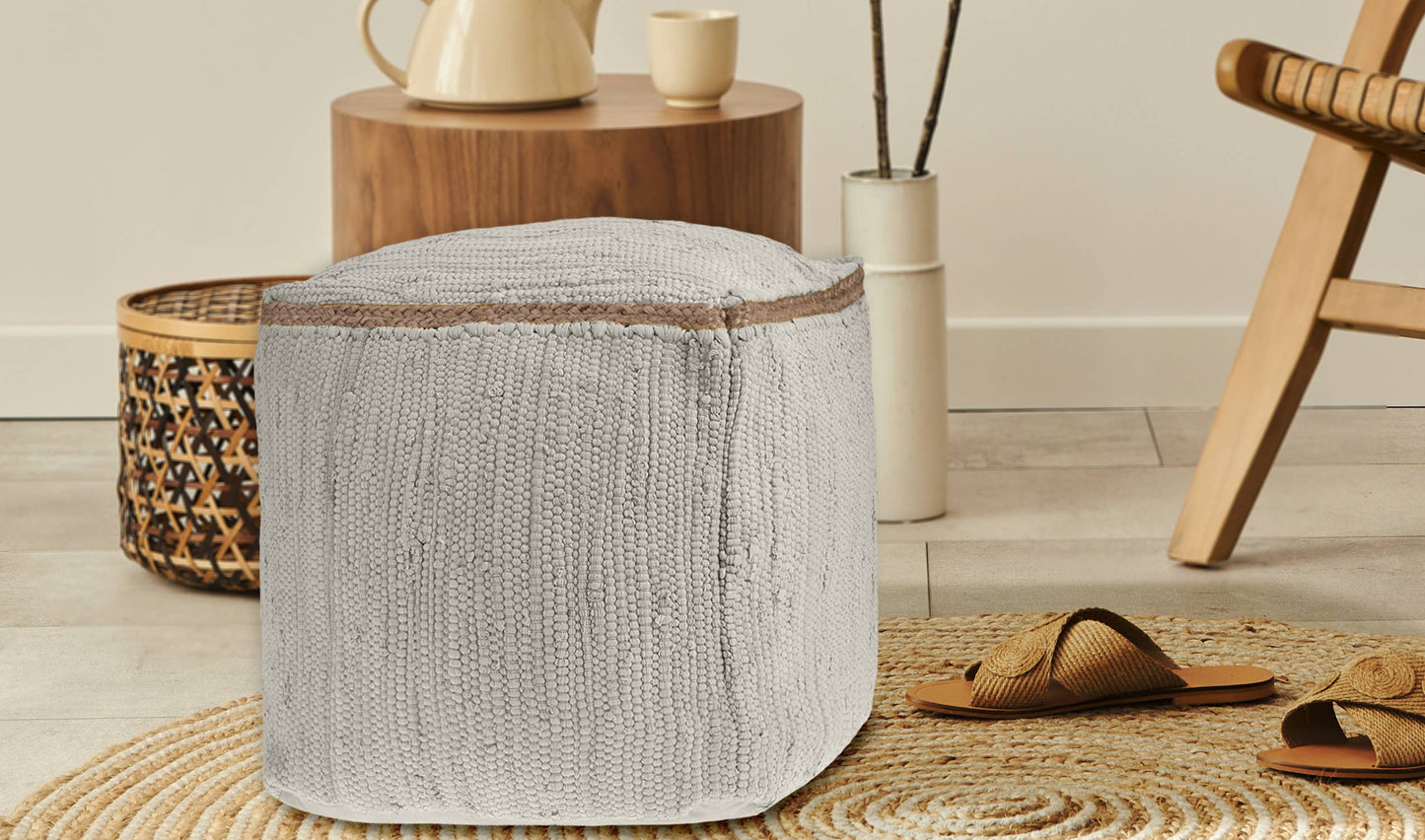 Hand-Loomed Organic Cotton Pouf with Jute Braid: Grasshopper