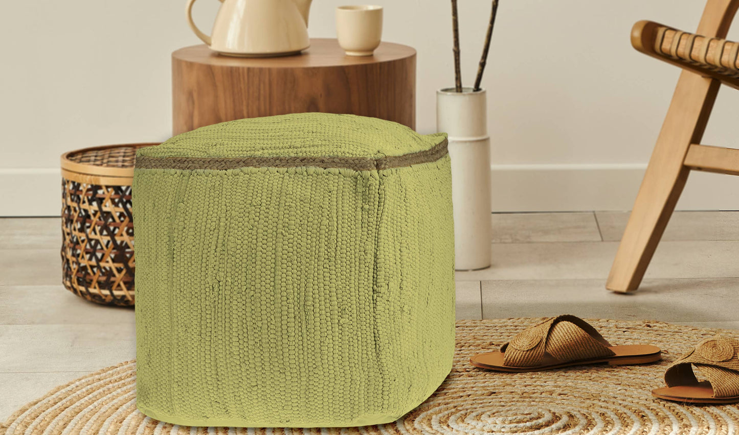 Hand-Loomed Organic Cotton Pouf with Jute Braid: Grasshopper