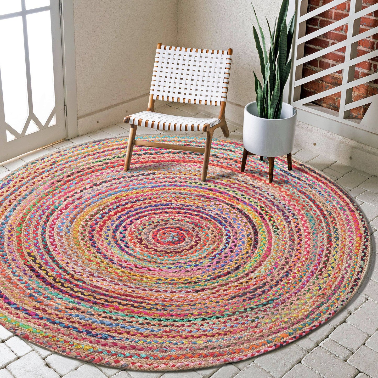 Haven Multicolor Bohemian Hand-Braided Cotton/Jute Area Rug: 5' Round