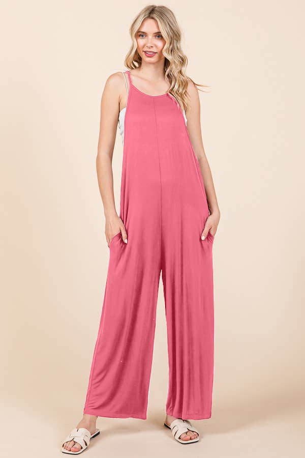 CAR2323X-Relax Fit Wide Leg Jumpsuit: BLACK / 1XL