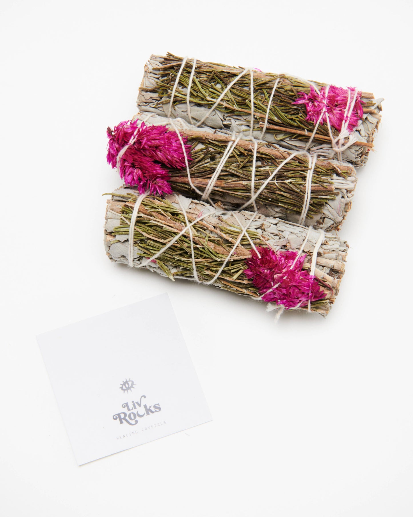 Pink Celosia Flower + White Sage + Rosemary Smudge Wand