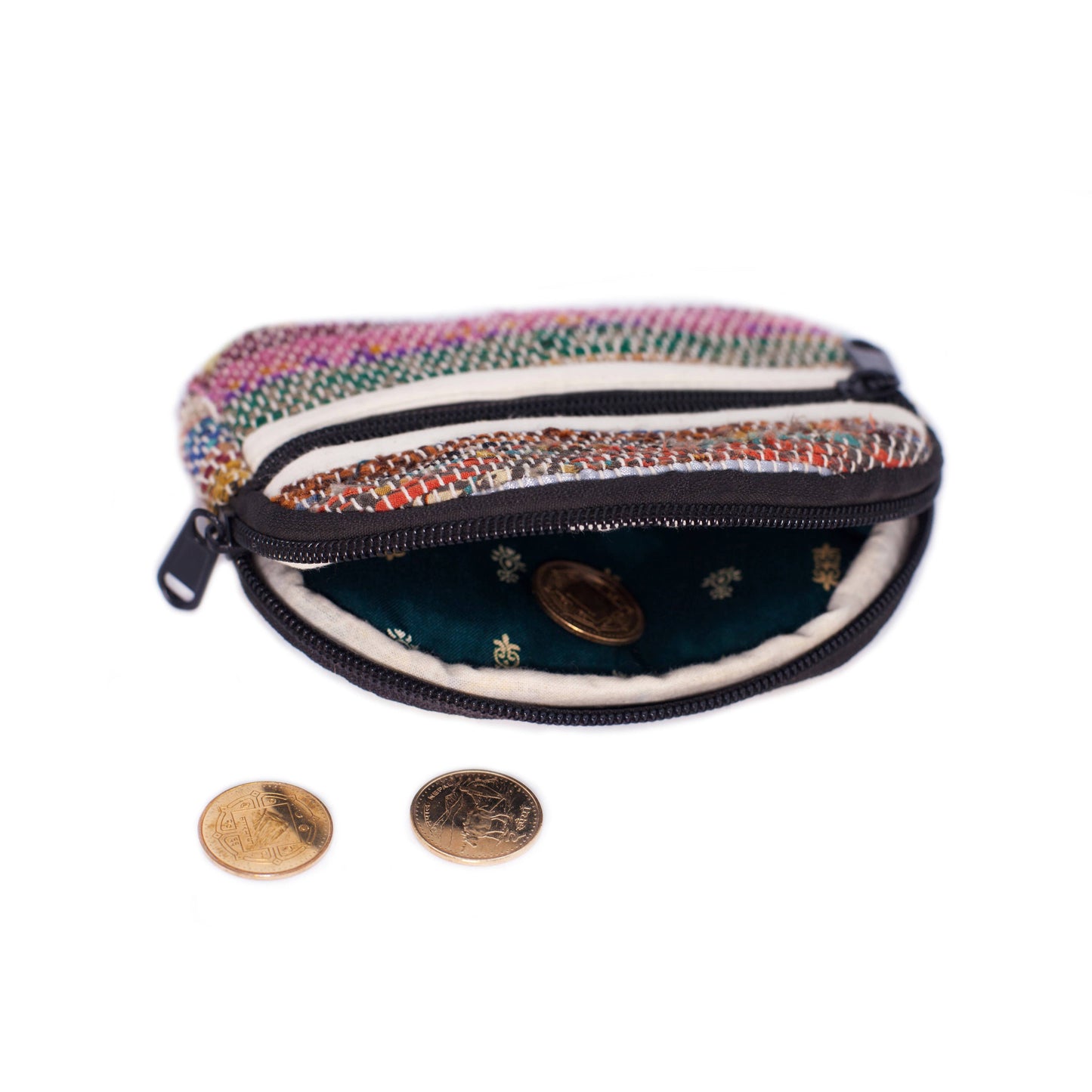 Rounded Upcycled Sari Coin Purse: Colorful / Natural