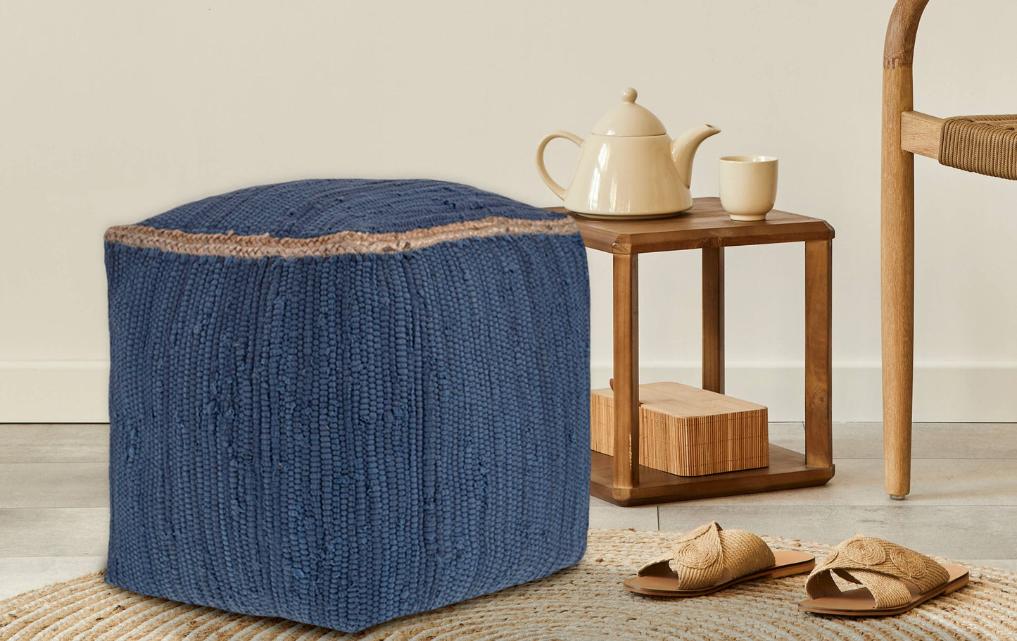 Hand-Loomed Organic Cotton Pouf with Jute Braid: Grasshopper
