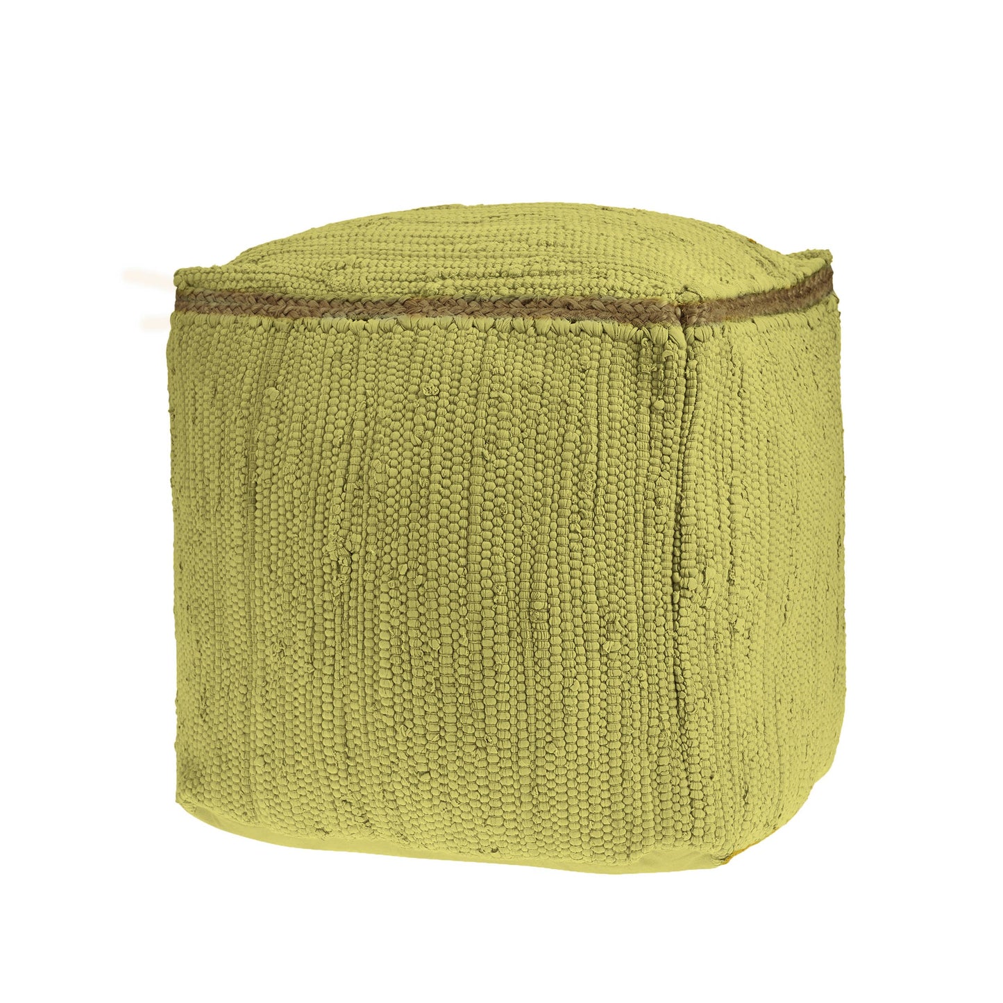 Hand-Loomed Organic Cotton Pouf with Jute Braid: Grasshopper