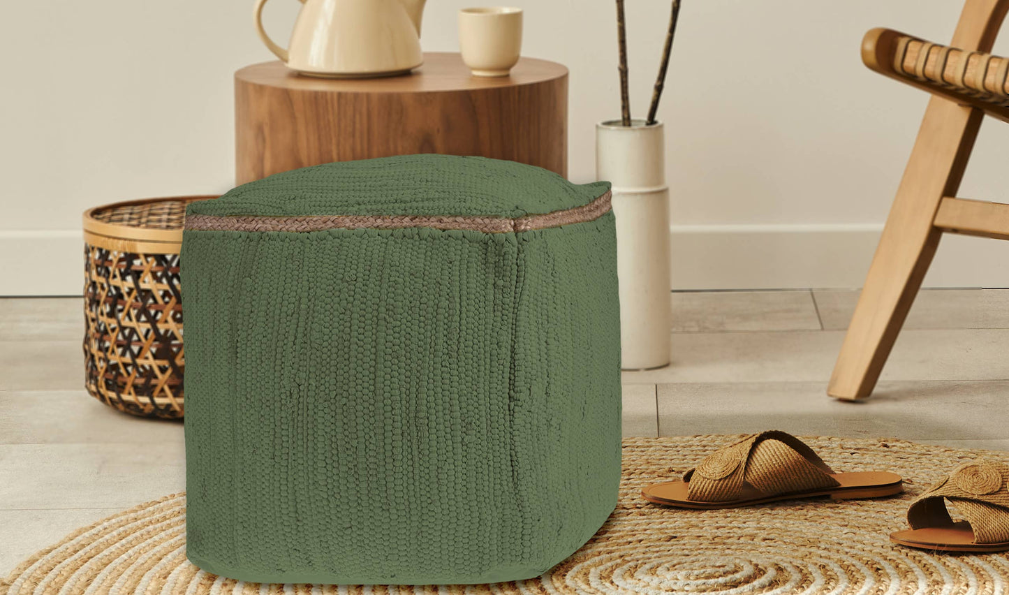 Hand-Loomed Organic Cotton Pouf with Jute Braid: Grasshopper