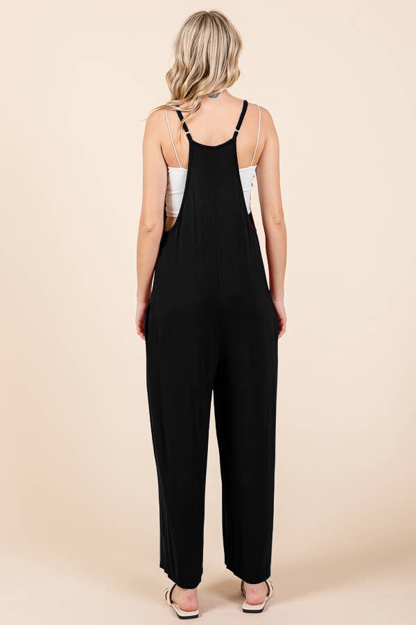 CAR2323X-Relax Fit Wide Leg Jumpsuit: BLACK / 1XL
