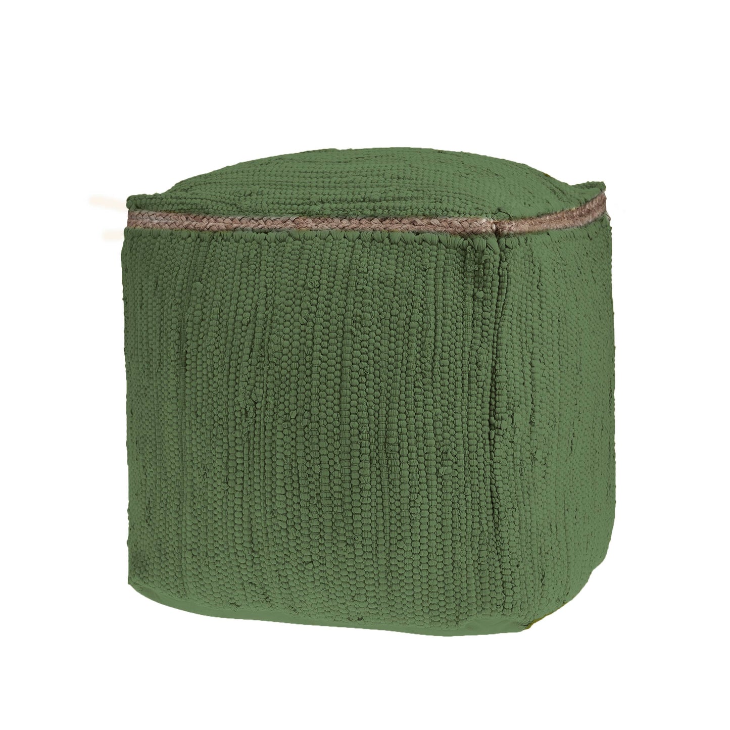 Hand-Loomed Organic Cotton Pouf with Jute Braid: Grasshopper