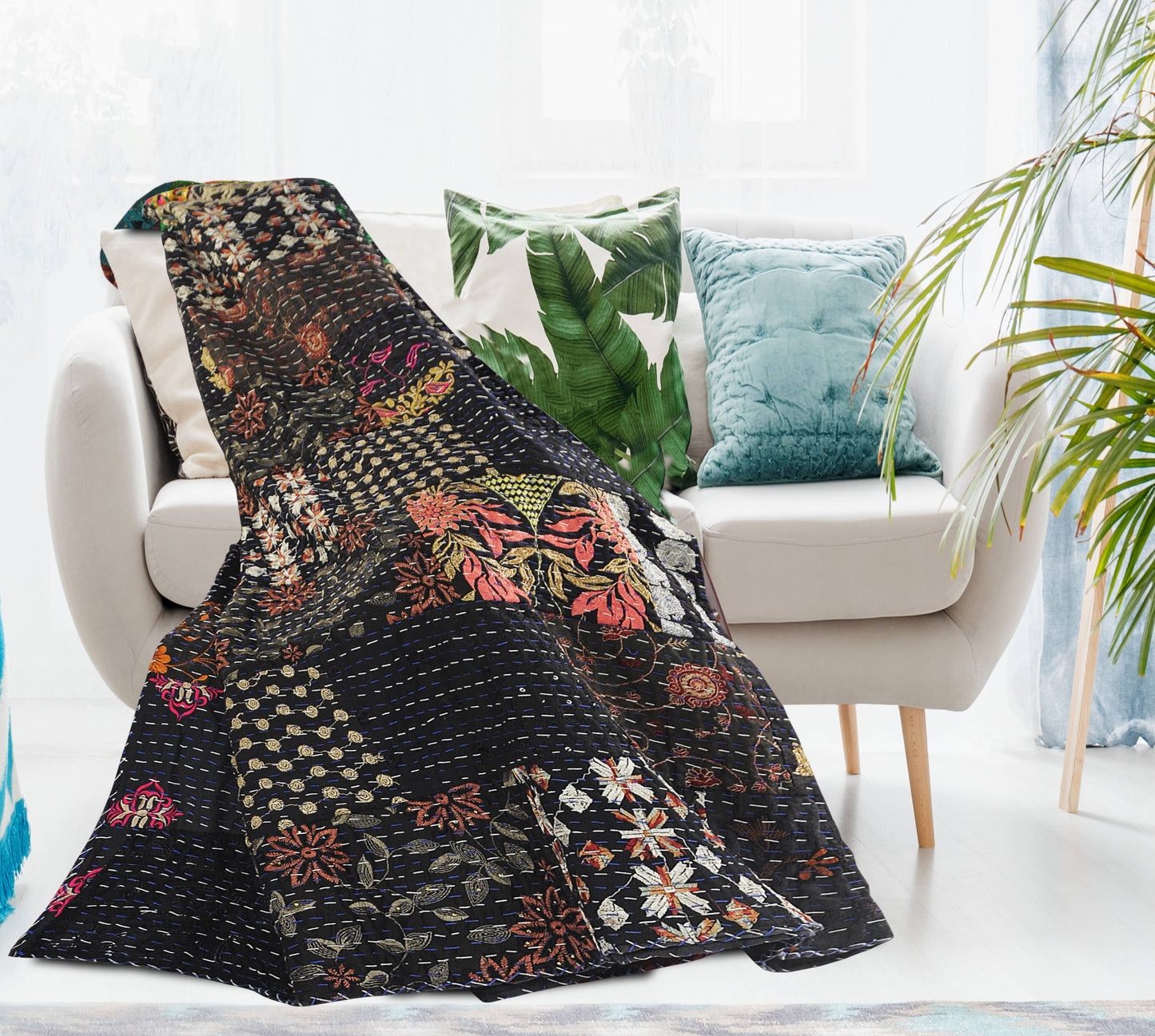 Dark Night Kantha Throw Blanket: Black