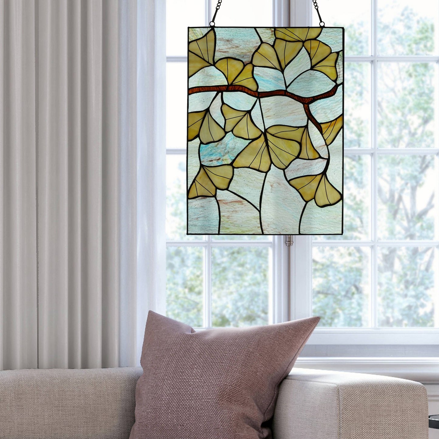 17.5"H Robert Yellow Gingko Leaf Stained Glass Window Panel