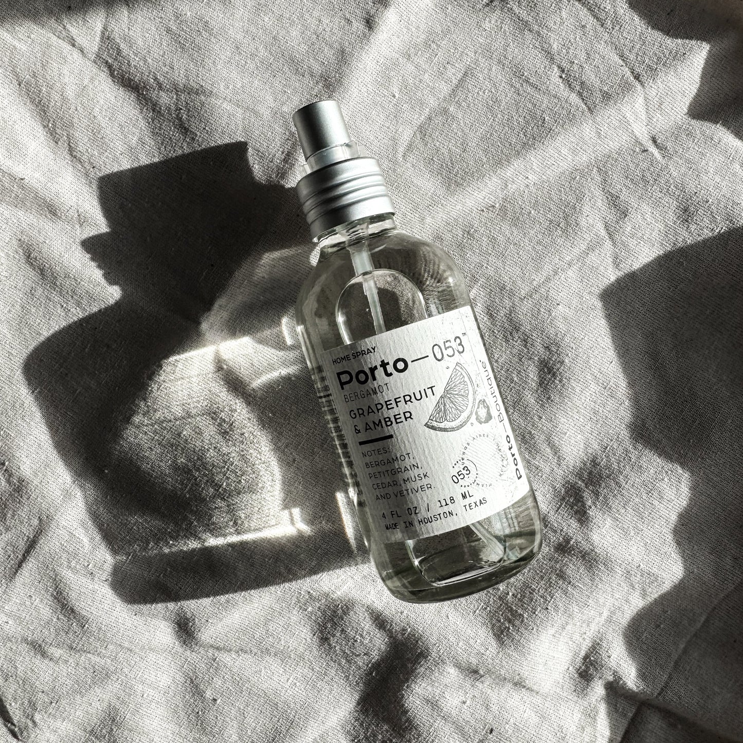 Room Spray – Linen & Fabric Freshener – High Fragrance Concentration Porto-053 – Vegan & Handmade in USA – 4 oz Clear Glass Bottle