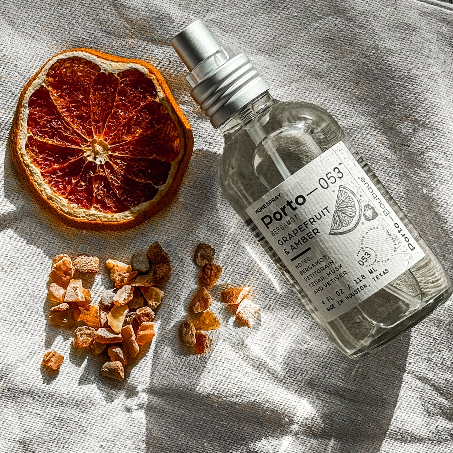 Room Spray – Linen & Fabric Freshener – High Fragrance Concentration Porto-053 – Vegan & Handmade in USA – 4 oz Clear Glass Bottle