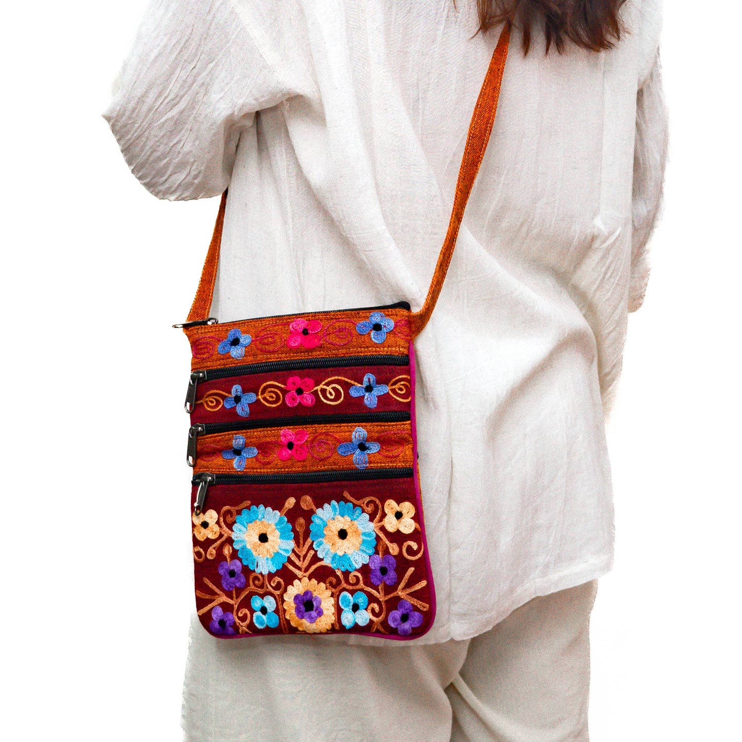 5 Zipper Cross Body Embroidery Cotton Bag: Dark Blue