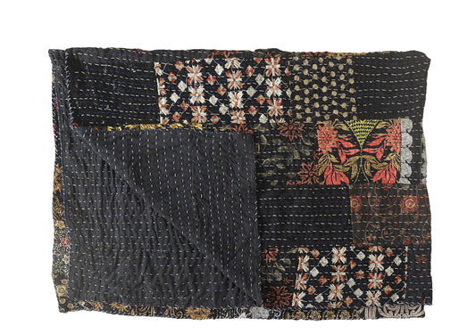 Dark Night Kantha Throw Blanket: Black