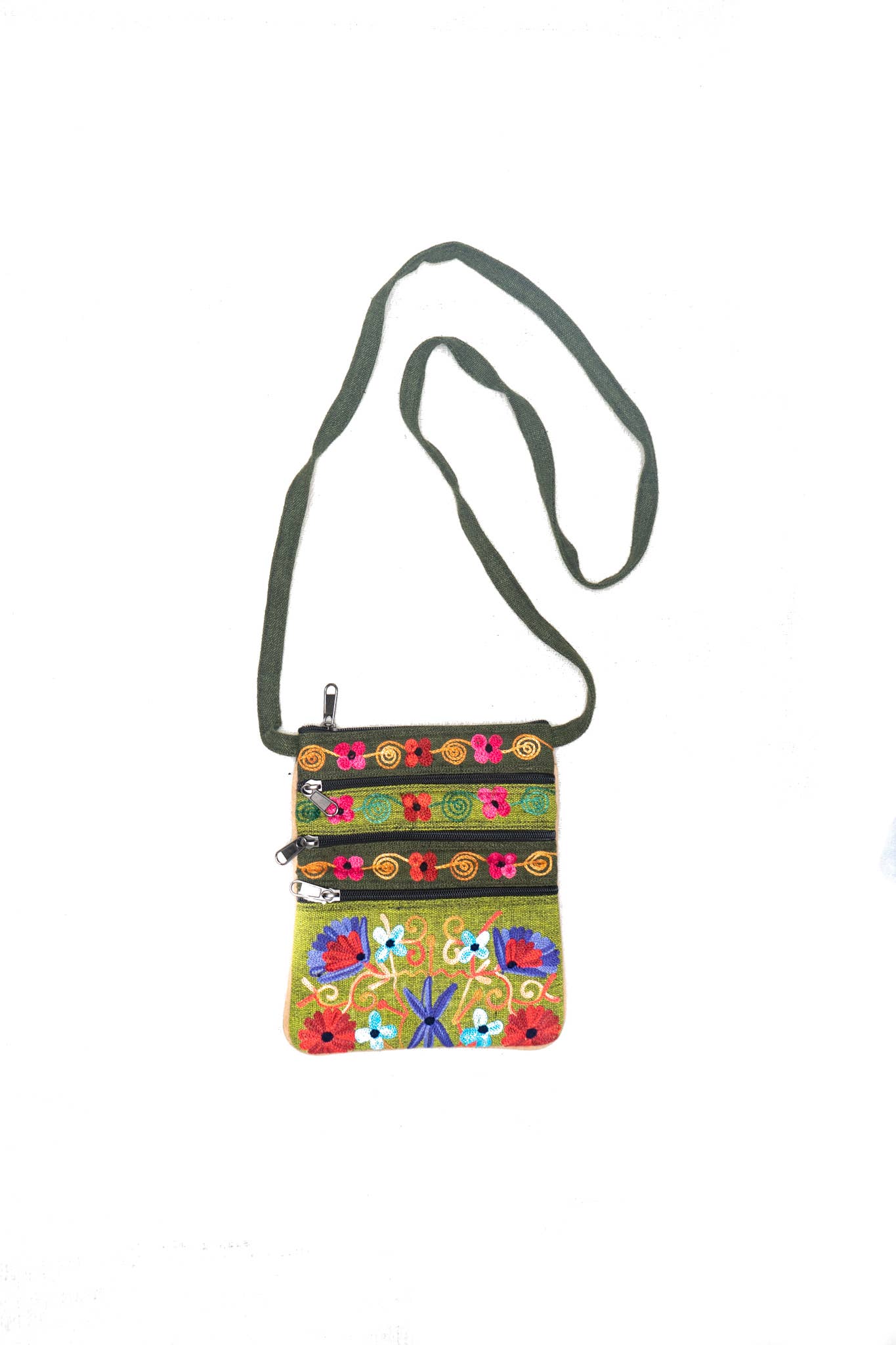 5 Zipper Cross Body Embroidery Cotton Bag: Dark Blue
