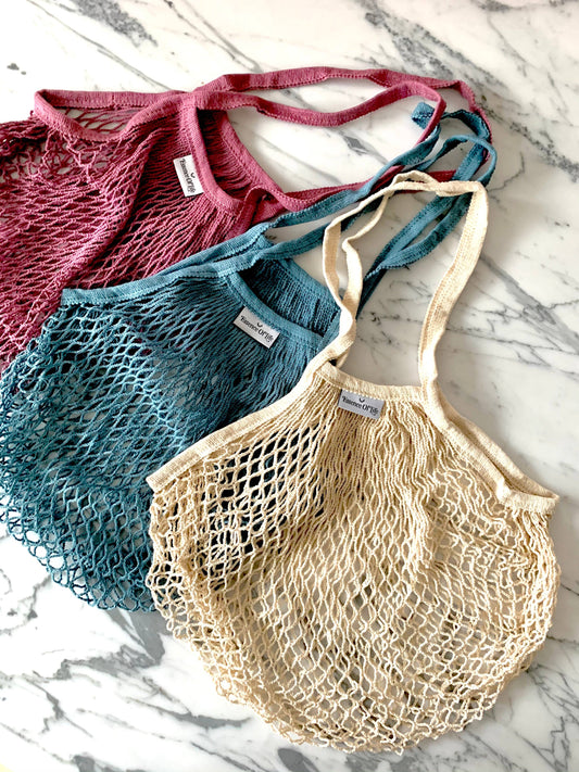 French Market Tote: 100% Cotton Long-handled Mesh String Bag: Indigo