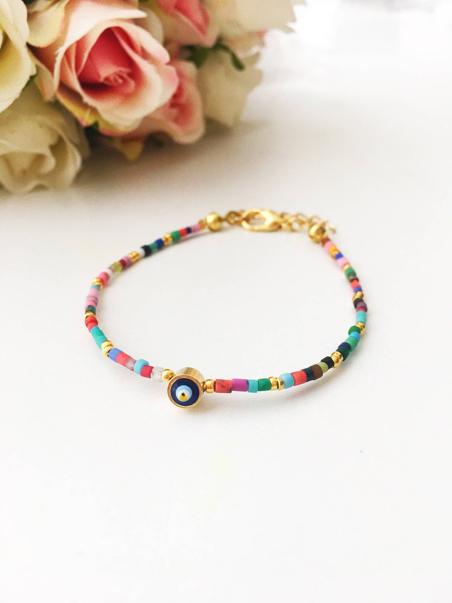 Seed Beads Bracelet, Evil Eye Bracelet, Evil Eye Charm