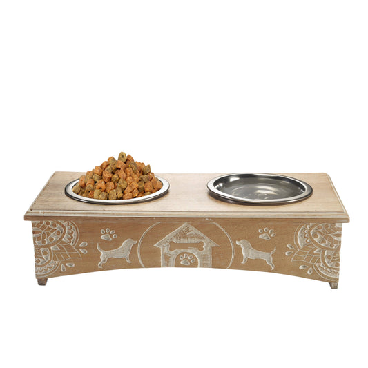 Handmade Mango Wood Elevated Double Pet Feeder: Brown/White