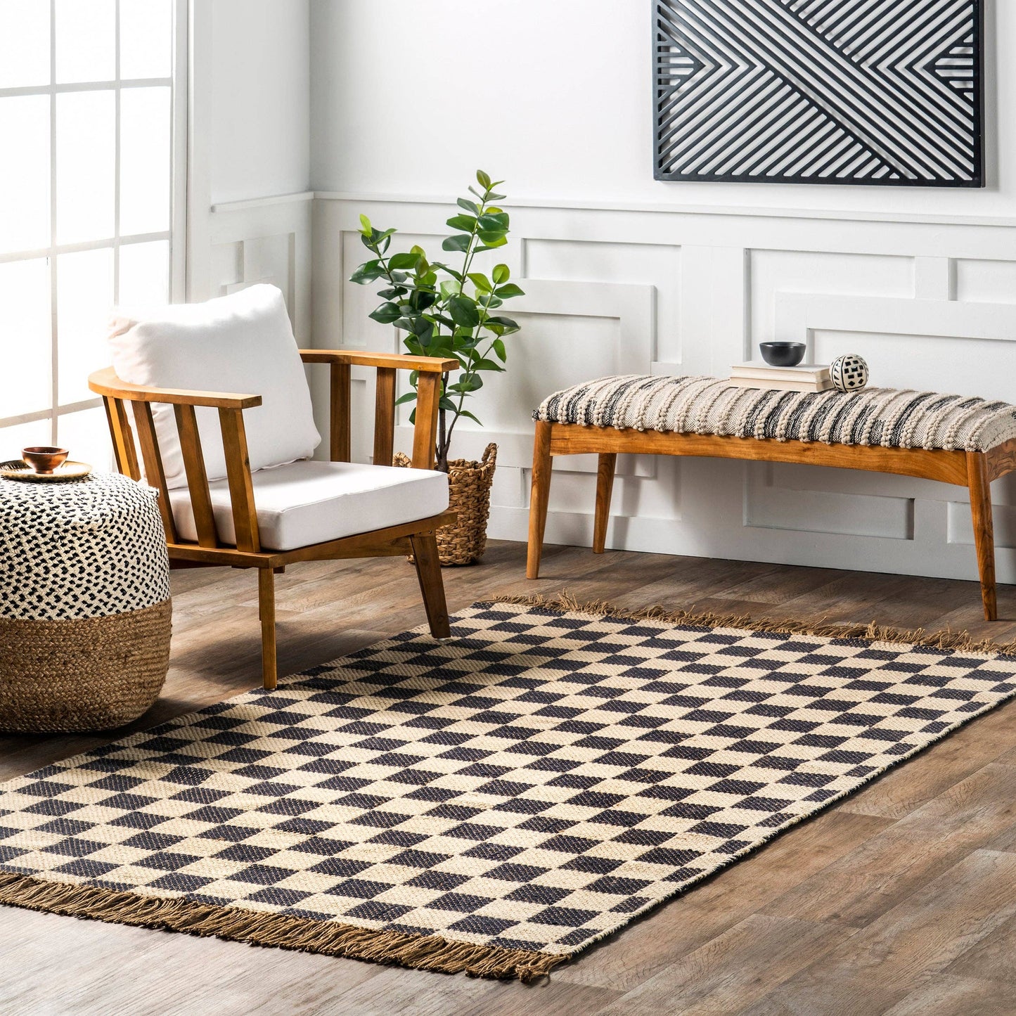 Connie Checkered Wool/Jute Tasseled Area Rug: Gray / Runner / 2' x 8'