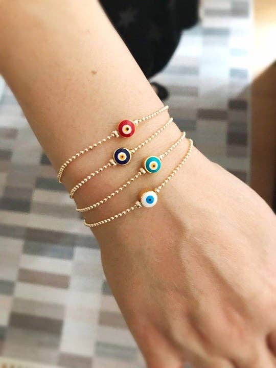 Evil Eye Bead Bracelet, Minimalist Bracelet, Gold Chain Bracelet: Turquoise