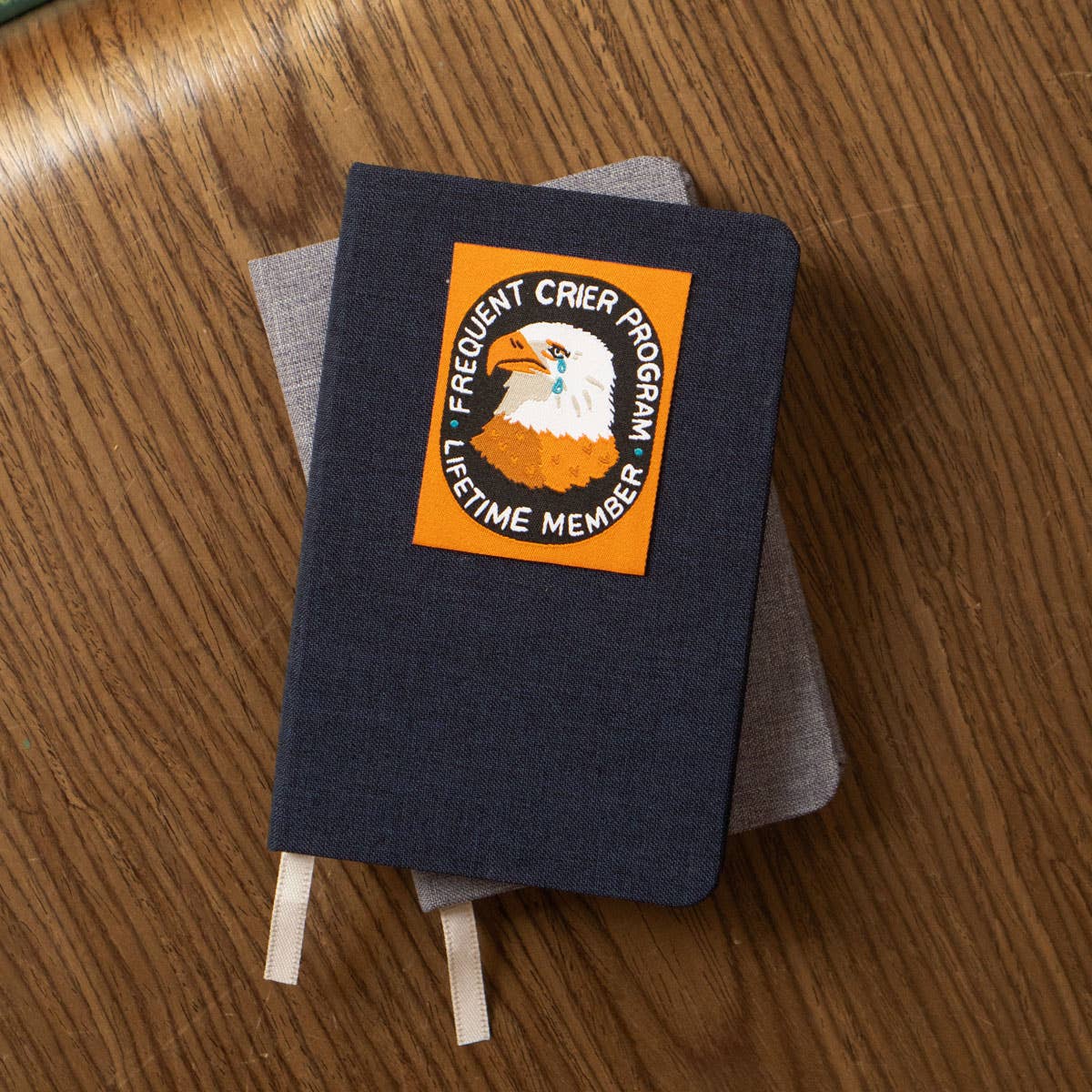 Linen Notebook - Pick Your Patch: Navy / Get Me Outta Here Woven Patch