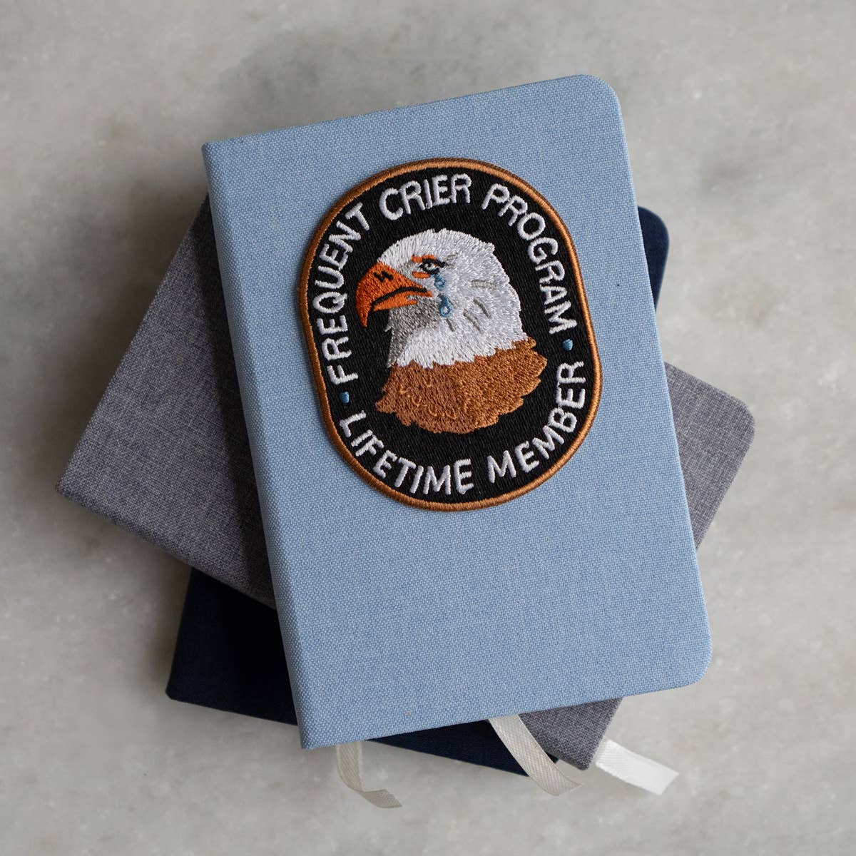 Linen Notebook - Pick Your Patch: Navy / Get Me Outta Here Woven Patch