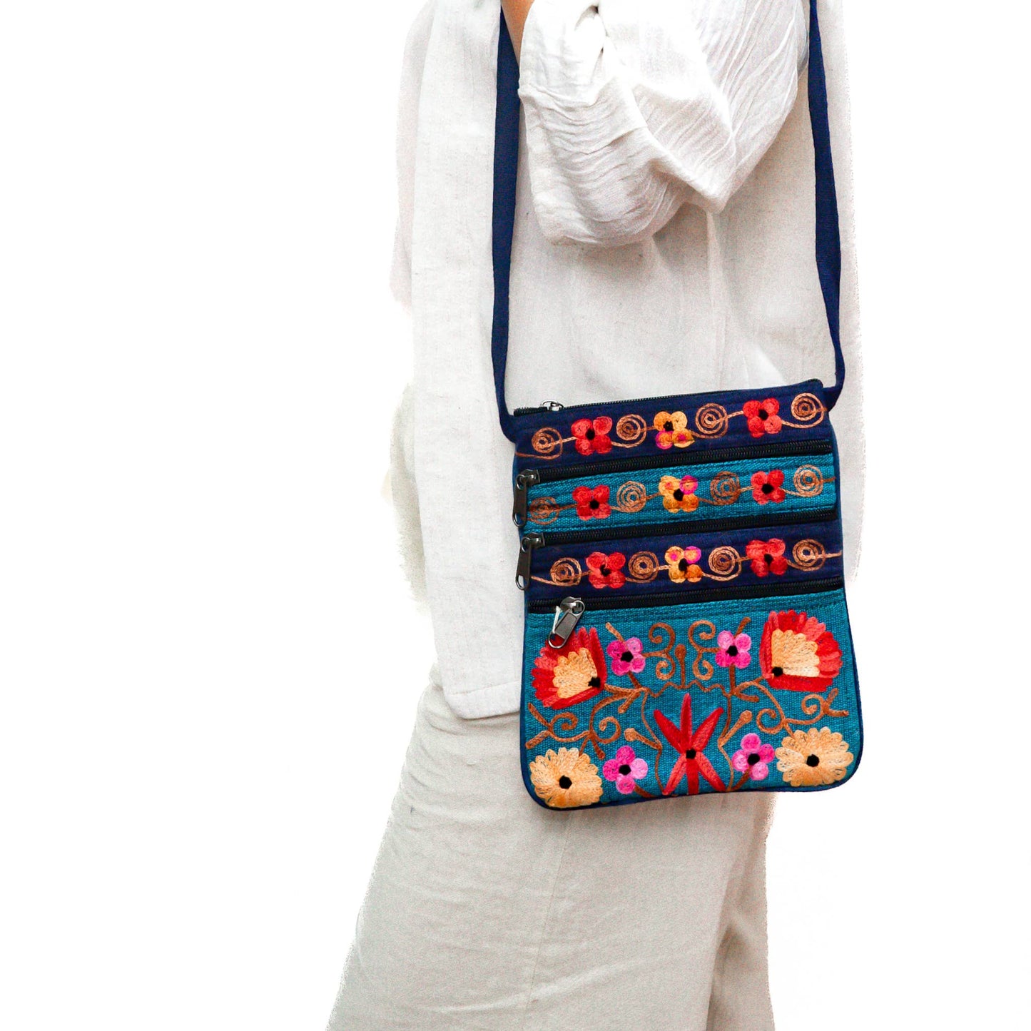 5 Zipper Cross Body Embroidery Cotton Bag: Dark Blue