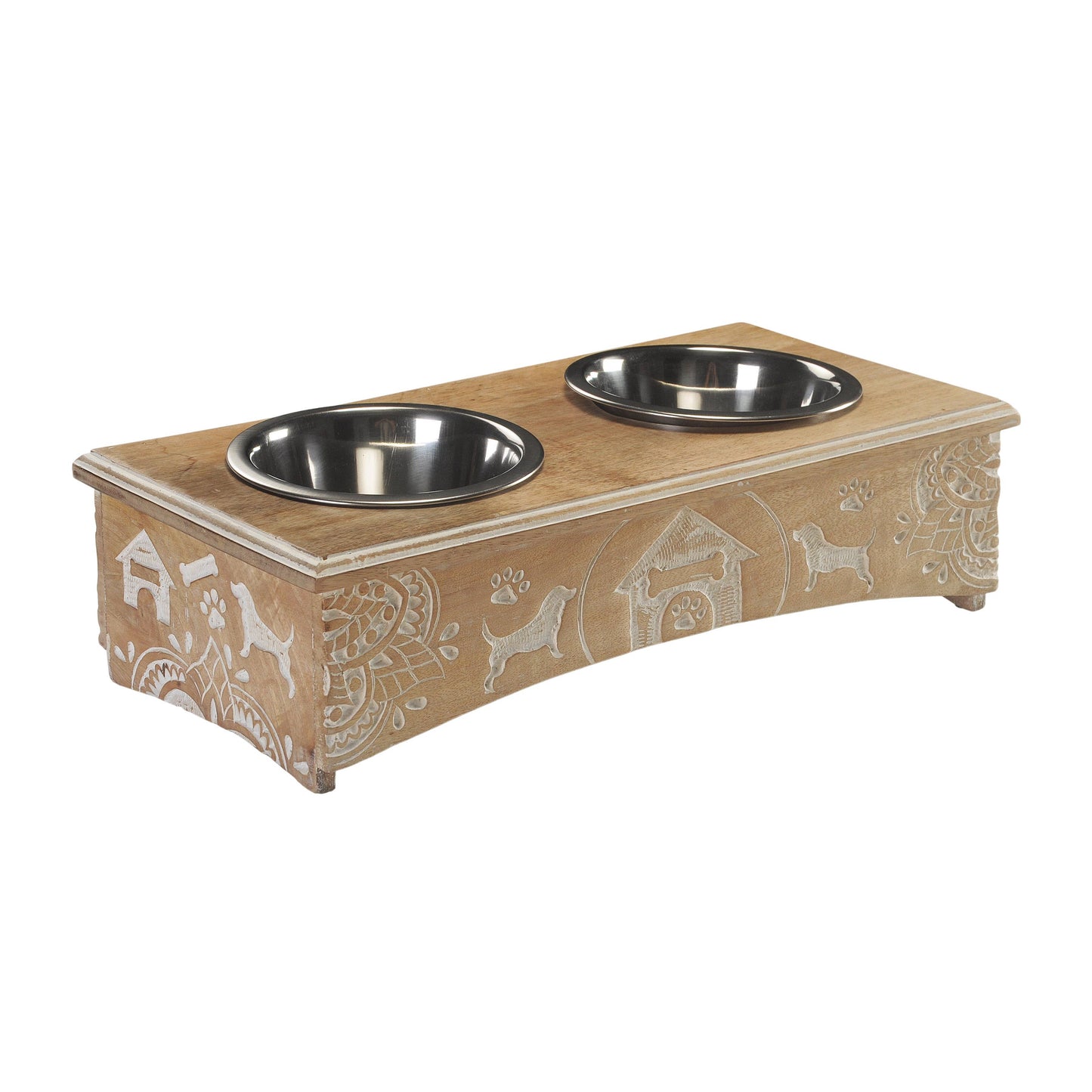 Handmade Mango Wood Elevated Double Pet Feeder: Brown/White