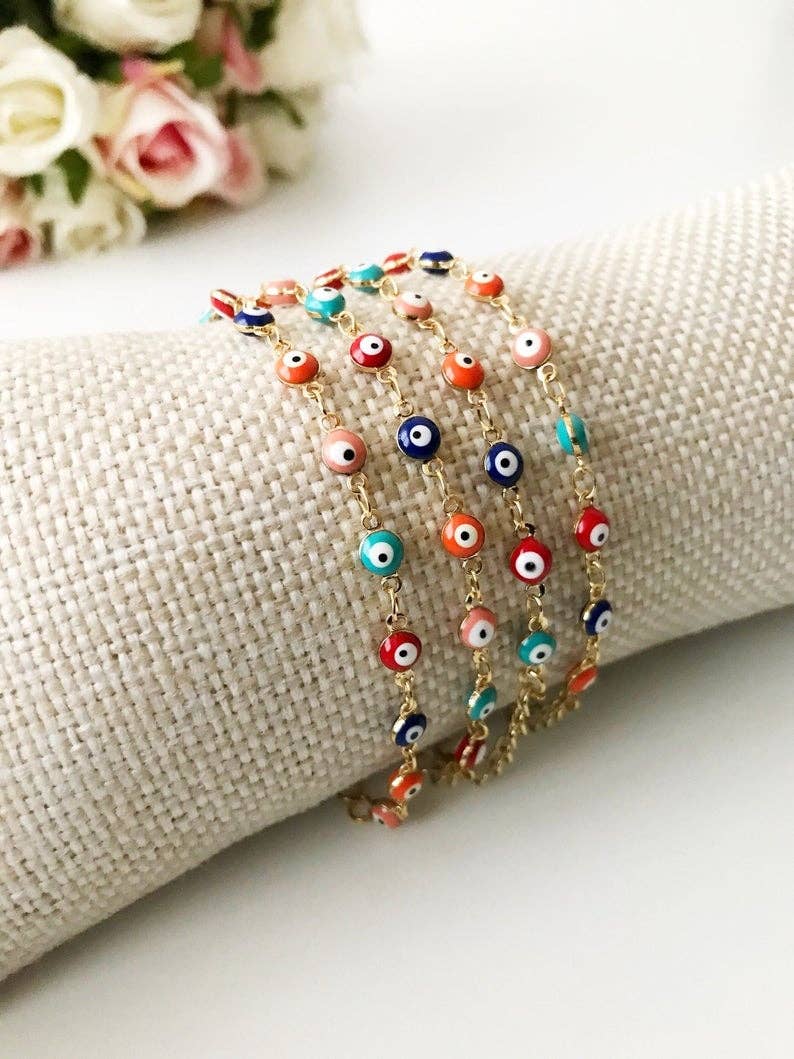 Evil Eye Chain Bracelet, Rainbow Evil Eye Bead Bracelet, Gol