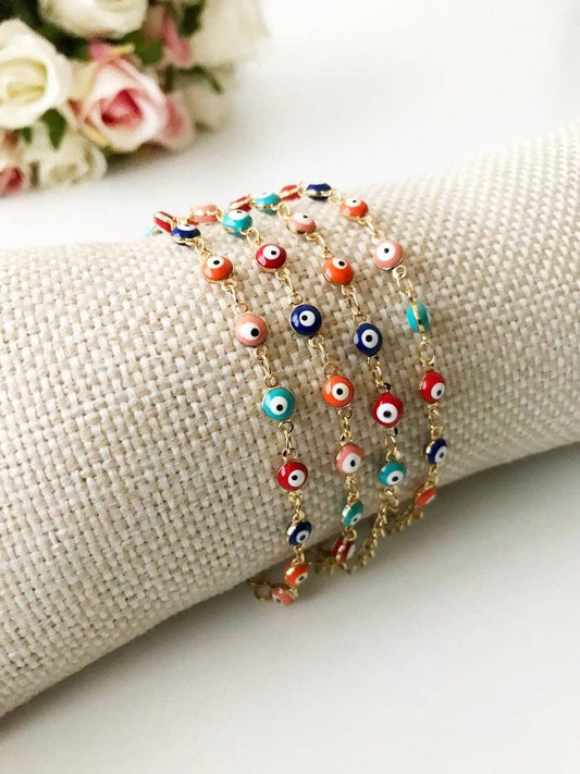 Evil Eye Chain Bracelet, Rainbow Evil Eye Bead Bracelet, Gol