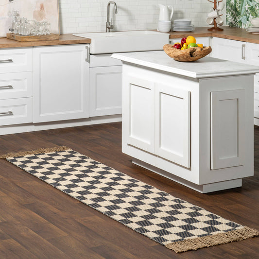 Connie Checkered Wool/Jute Tasseled Area Rug: Gray / Runner / 2' x 8'
