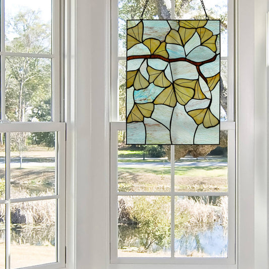 17.5"H Robert Yellow Gingko Leaf Stained Glass Window Panel