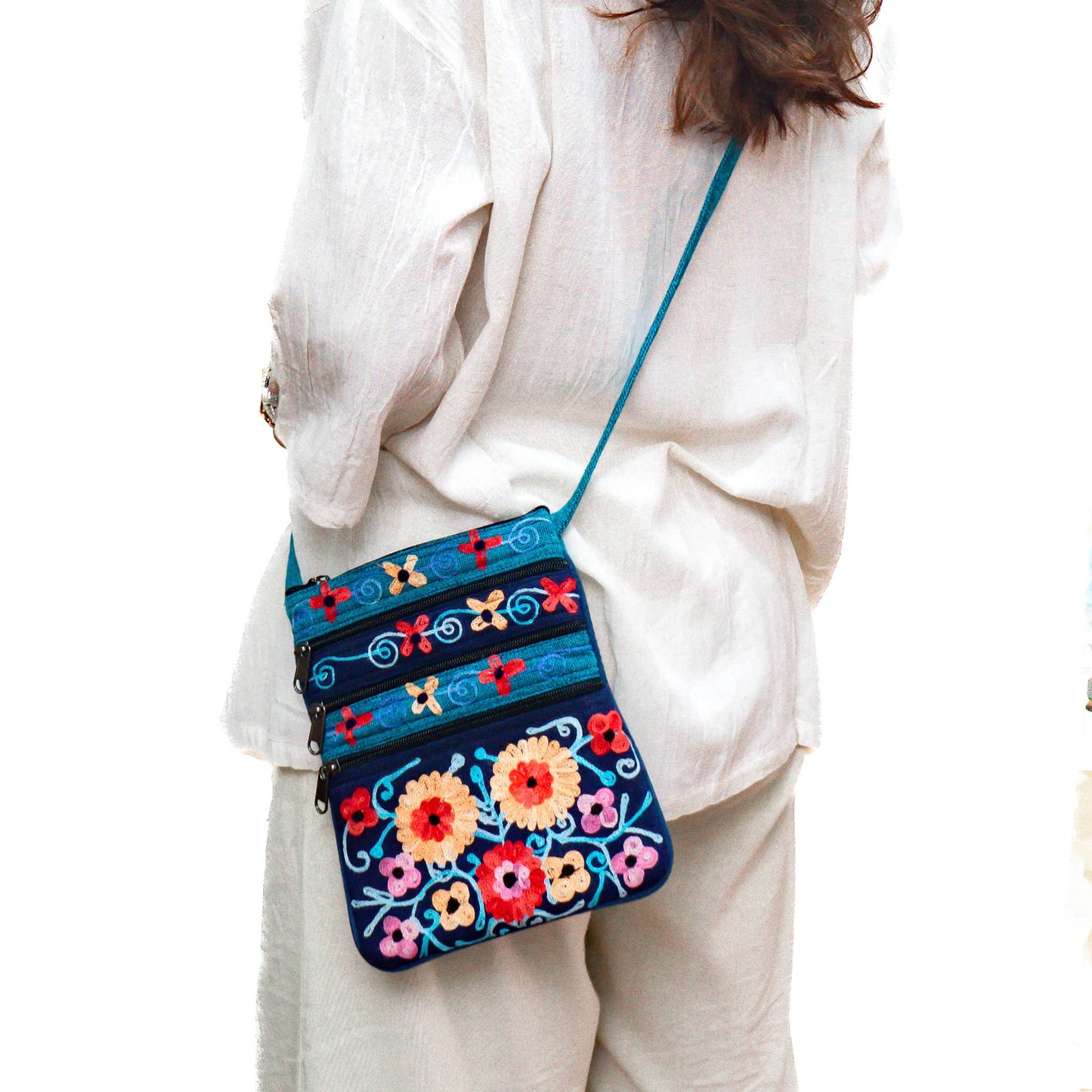 5 Zipper Cross Body Embroidery Cotton Bag: Dark Blue