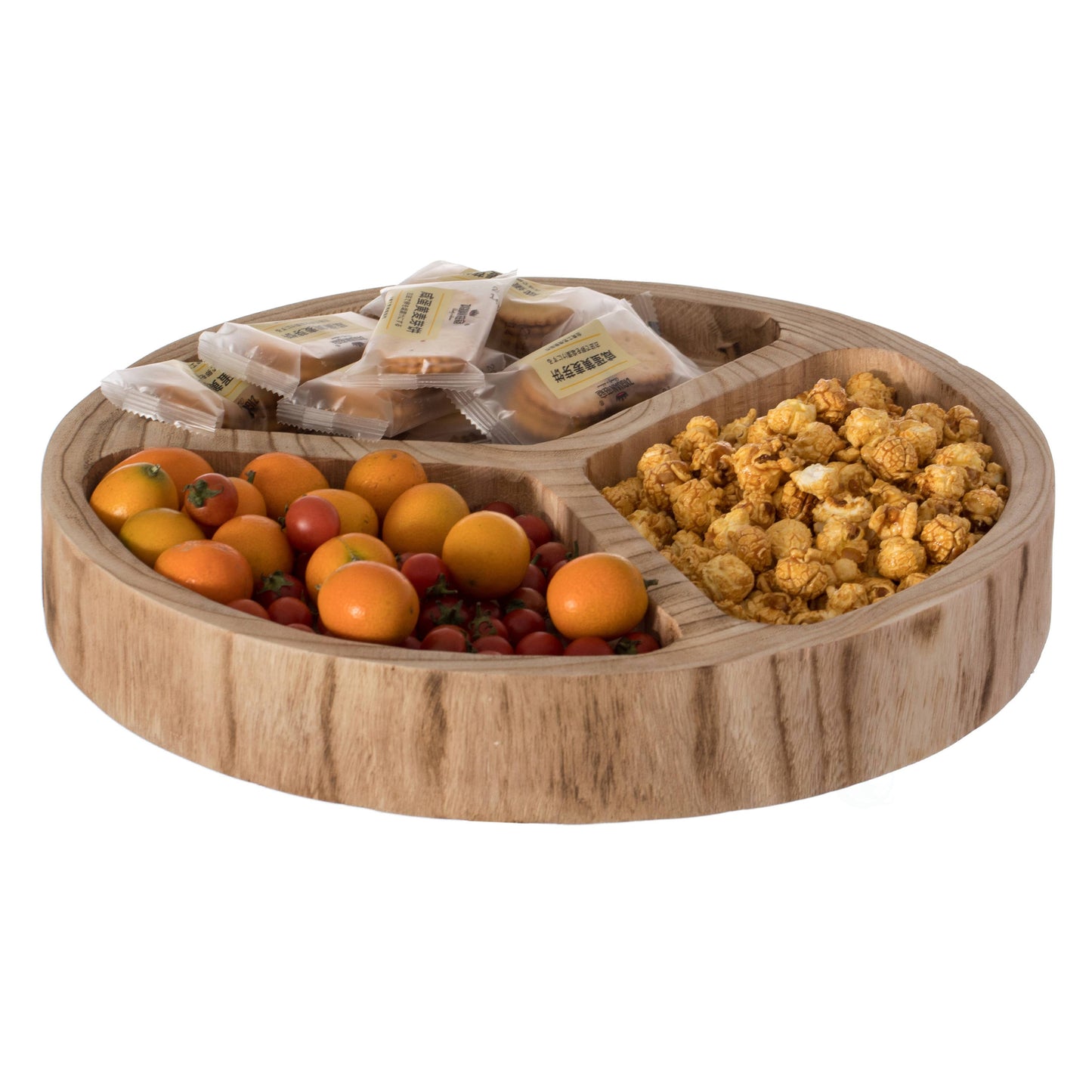 3 Sectional Round Snack Tray for Dining Table and Kitchen: Natural