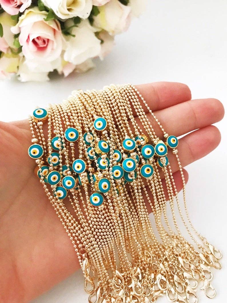 Evil Eye Bead Bracelet, Minimalist Bracelet, Gold Chain Bracelet: Turquoise