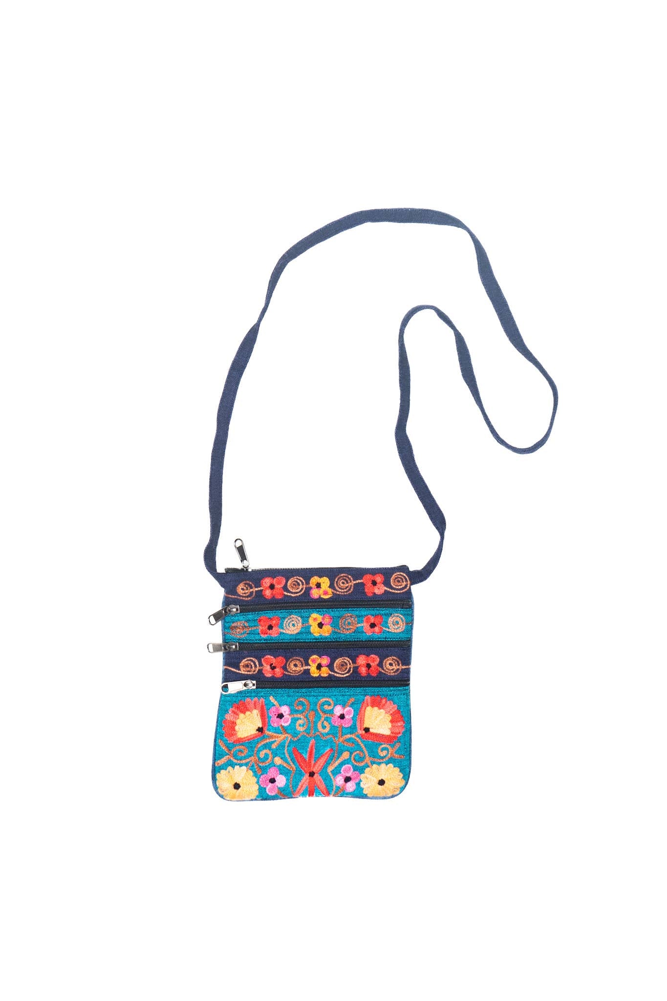 5 Zipper Cross Body Embroidery Cotton Bag: Dark Blue