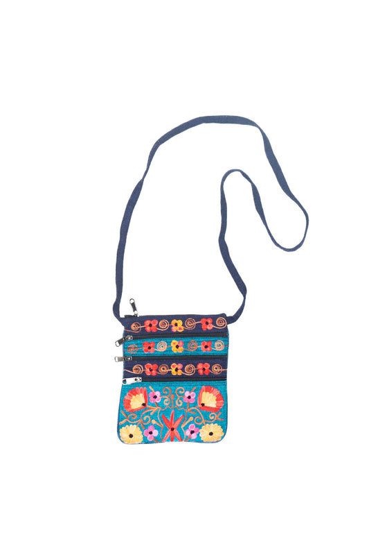 5 Zipper Cross Body Embroidery Cotton Bag: Dark Blue