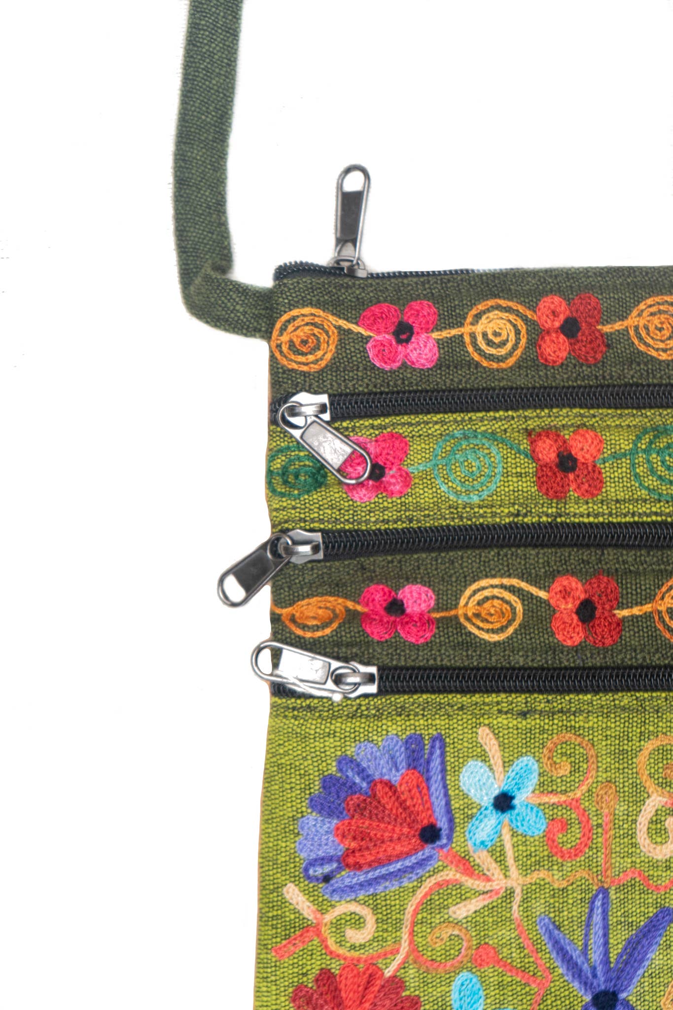 5 Zipper Cross Body Embroidery Cotton Bag: Dark Blue