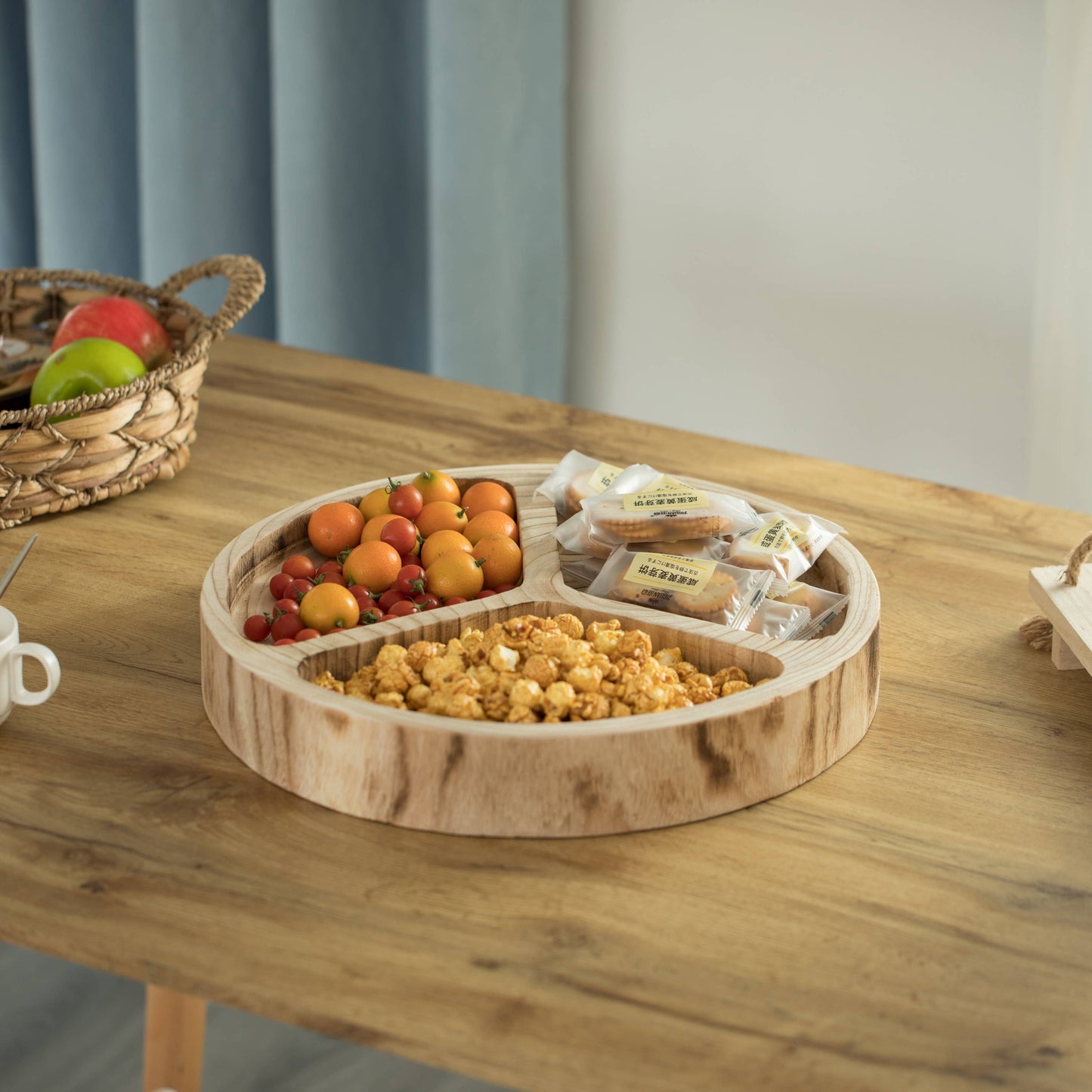 3 Sectional Round Snack Tray for Dining Table and Kitchen: Natural