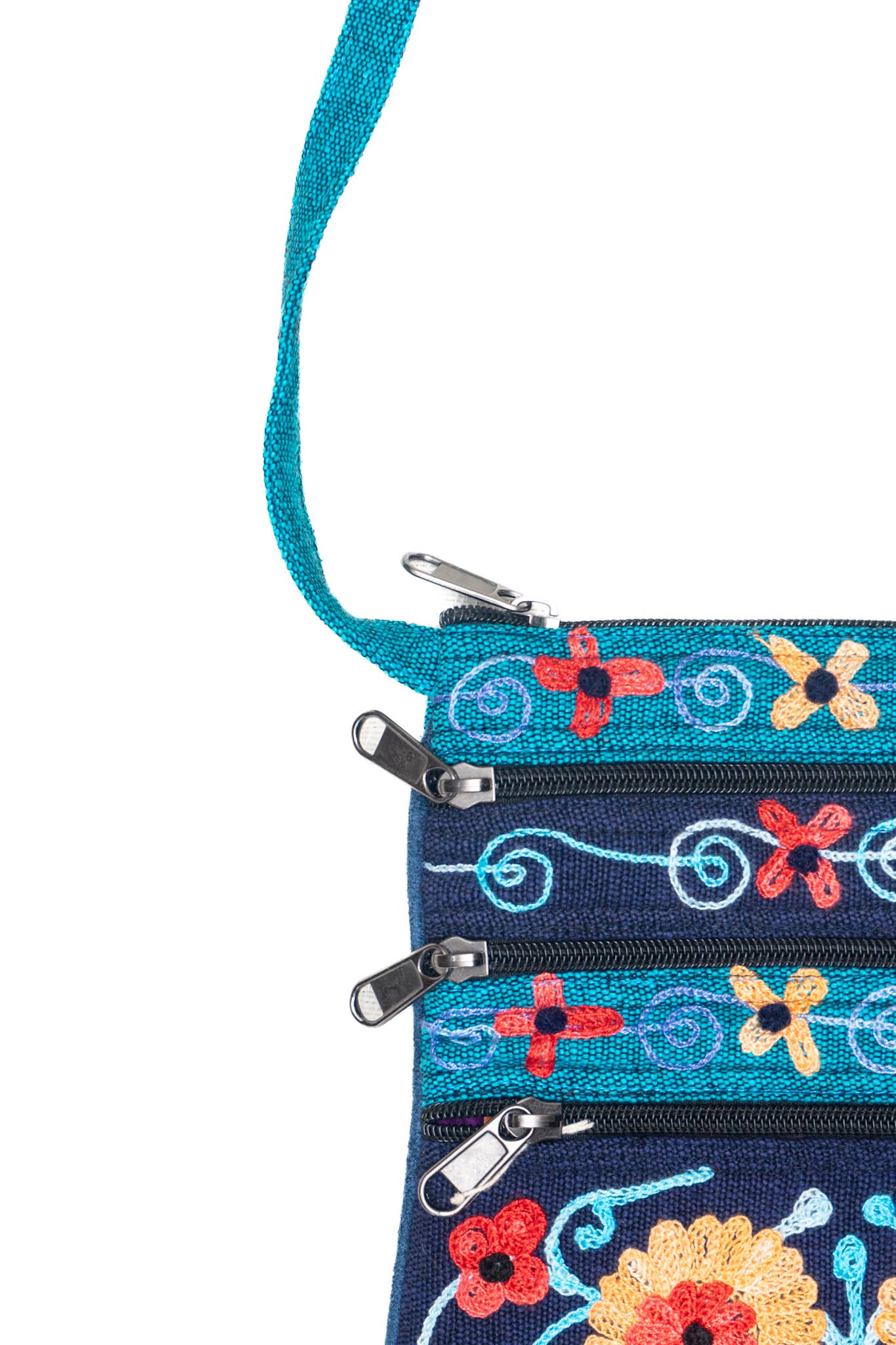 5 Zipper Cross Body Embroidery Cotton Bag: Dark Blue