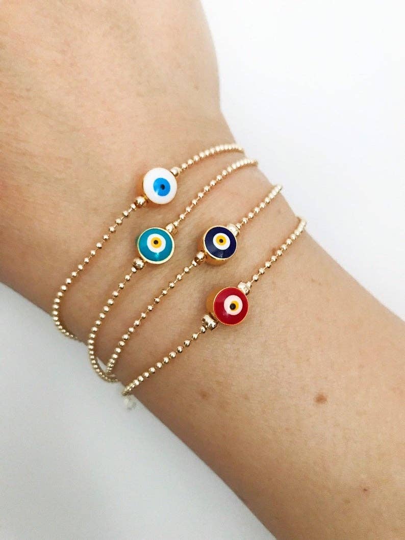 Evil Eye Bead Bracelet, Minimalist Bracelet, Gold Chain Bracelet: Turquoise